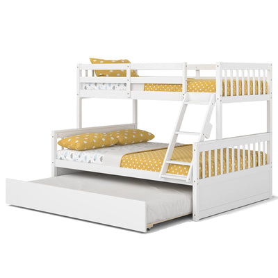 KOMFOTT Solid Pine Wood Twin Over Full Bunk Bed with Trundle and Safety Guardrails