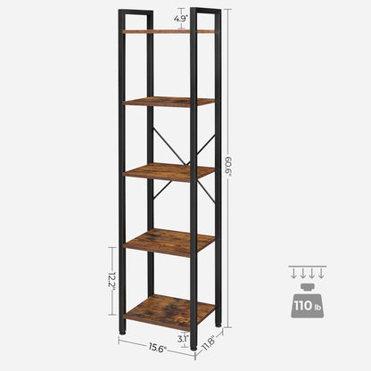 VASAGLE 5-Tier Tall Bookshelf, Narrow Bookcase with Steel Frame, Skinny Book Shelf for Living Room, Home Office, Study, 11.8 x 15.6 x 60.6 Inches, Industrial Style, Rustic Brown and Black ULLS100B01