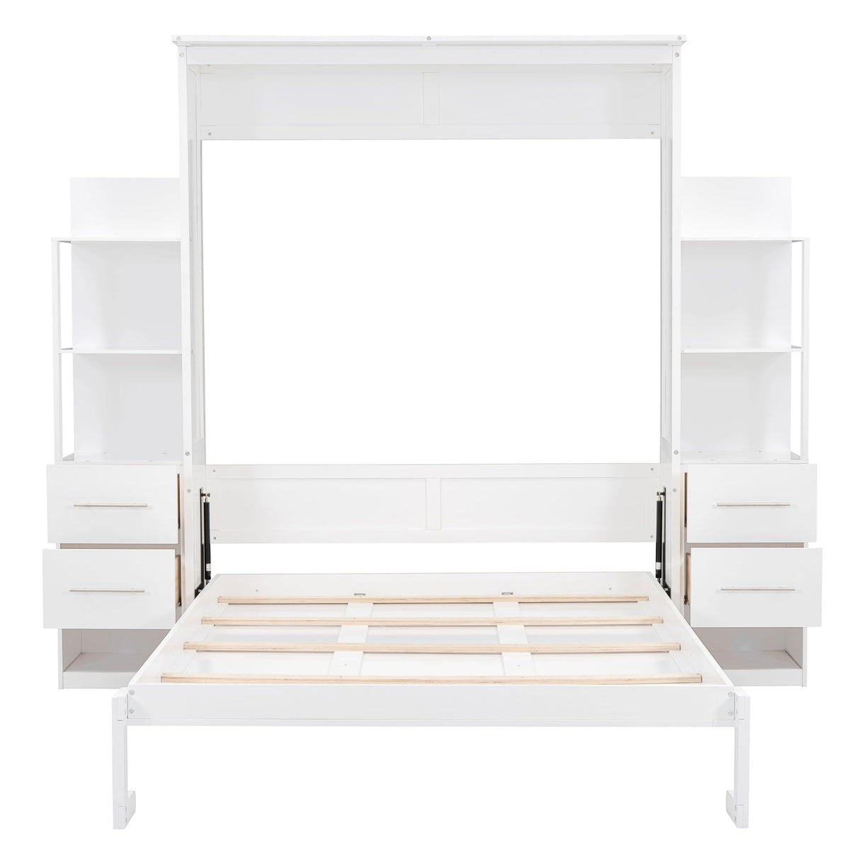 Merax Queen Size Murphy Bed with 4 Storage Drawers, Murphy Bed Queen with Storage Shelves, Adult Murphy Wall Bed with LED Lights, No Box Spring Needed, White Merax