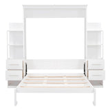 Merax Queen Size Murphy Bed with 4 Storage Drawers, Murphy Bed Queen with Storage Shelves, Adult Murphy Wall Bed with LED Lights, No Box Spring Needed, White Merax