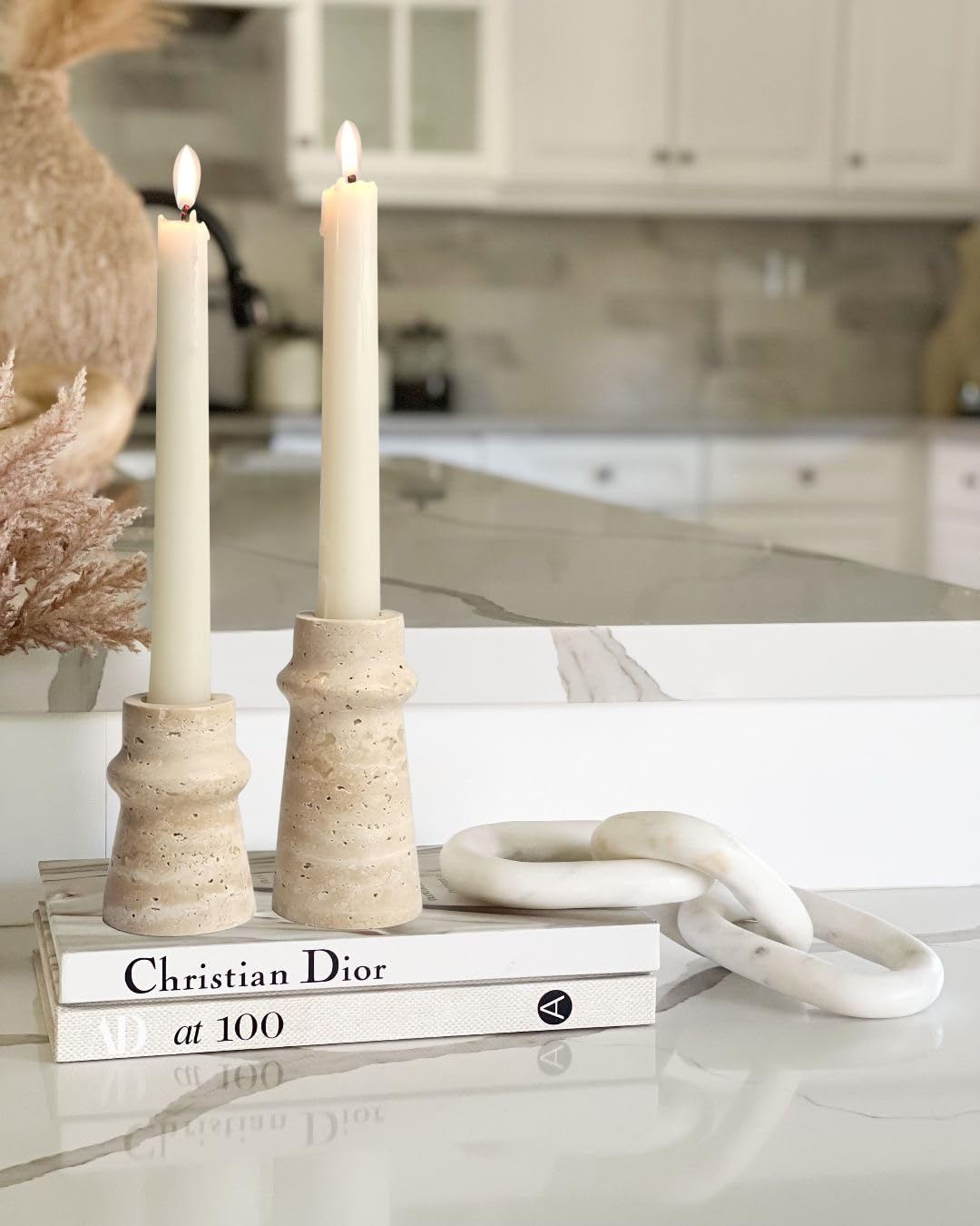 Vixdonos Natural Stone Candle Holder Set of 2 Taper Candle Candlestick Mantle Candle Stand for Home Decor,Wedding,Party and Table Centerpieces(White) Vixdonos