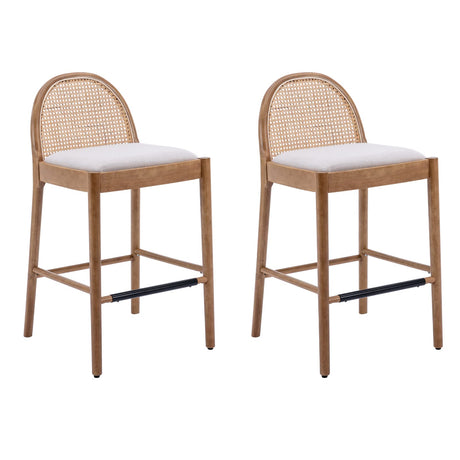 HEAH-YO Modern Bar Stools Set of 2, 30 Inches Counter Height Bar Stools with Rattan Backrests and Wood Legs, Comfy Linen Fabric Kitchen Stools for Island, Beige HEAH-YO