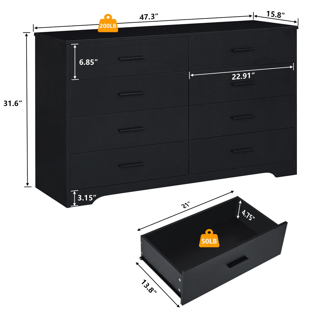 Black Dresser for Bedroom Wooden, 8 Drawer Dressers & Chests of Drawers, Modern Wood Tall Dresser, 48 Inches Wide Chest of Drawers for Bedroom, Hallway, Living Room LIDYUK