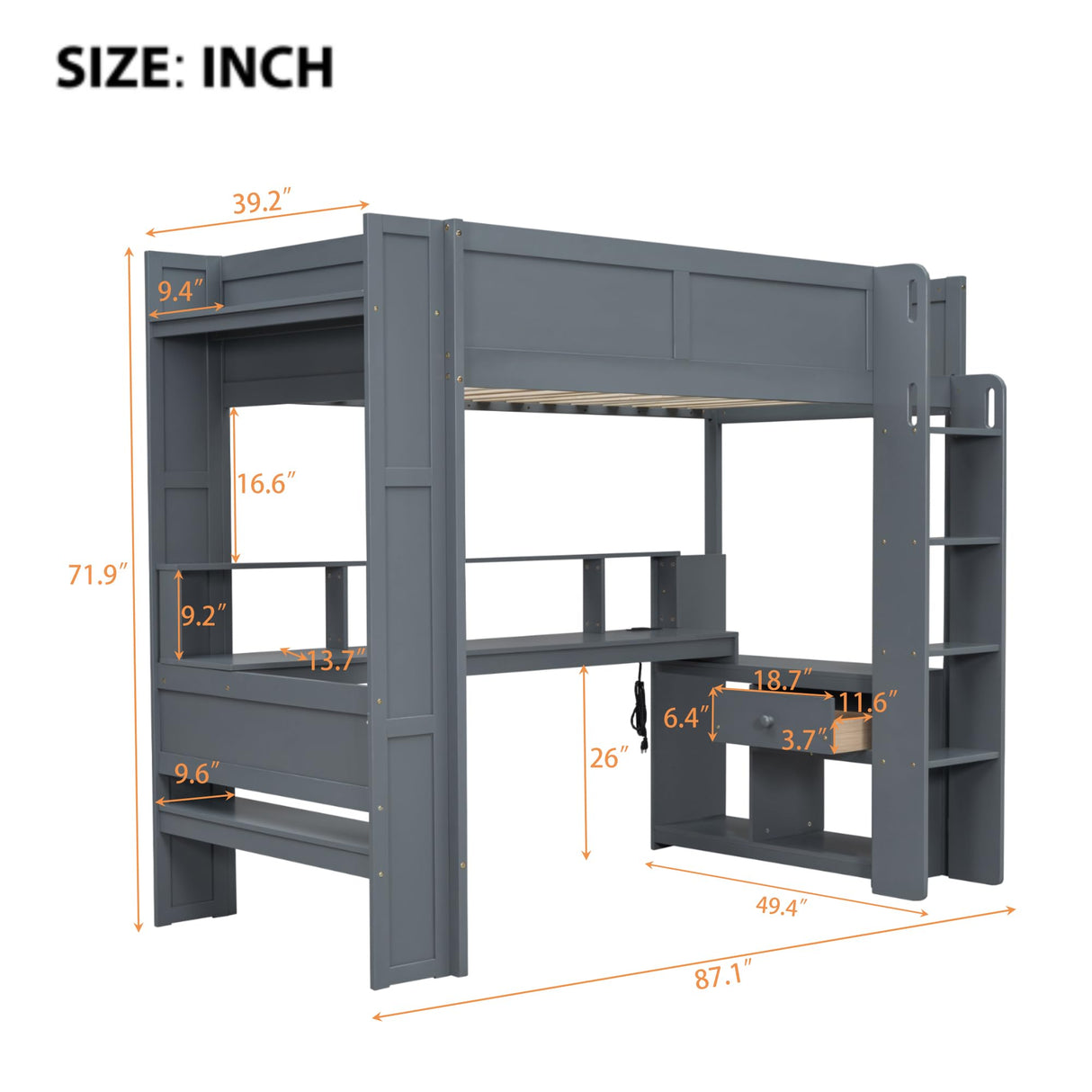 Ball & Cast Twin Size Gaming Loft Bed with Built-in Desk, LED and Charging Station,Wood Loft Bed Frame w/Multi-Storage Shelves,No Box Spring Needed,Ladder,for Kids,Teens,Adults,Dark Gray Ball & Cast