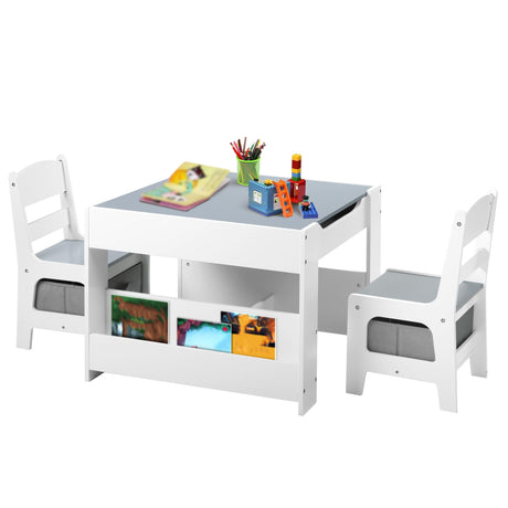 Kinder King Kids Wood Table & 2 Chairs Set, 4 in 1 Children Activity Table w/Double Bookcase, Blackboard, Toddler Furniture Set for Art, Crafts, Drawing, Reading, Playroom, Grey Kinder King