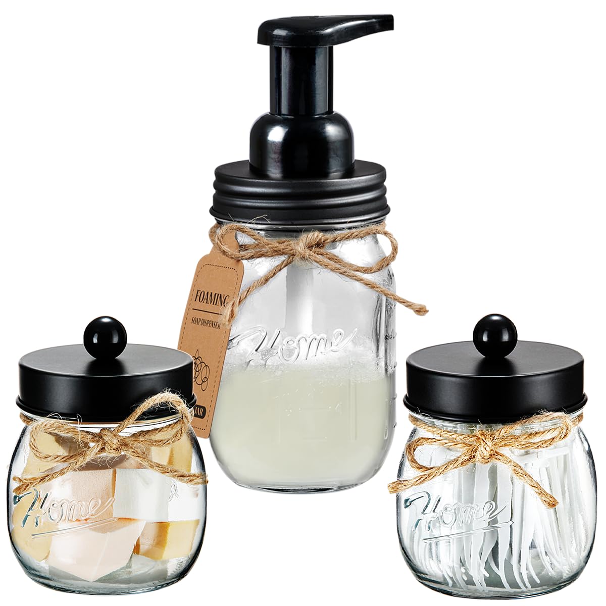 SheeChung Bathroom Accessories Set - Mason Jar Foaming Hand Soap Dispenser, Qtip Holder Set, Rustic Farmhouse Decor, Apothecary Jars, Bathroom Countertop Organizer - Black SheeChung