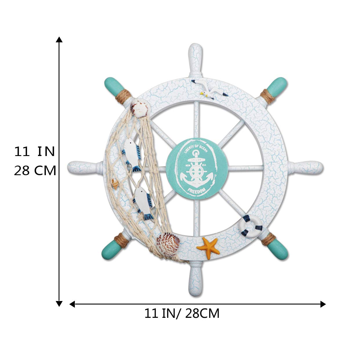 2 Pack 11" Nautical Beach Wooden Ship Wheel and 13" Wood Anchor with Rope Nautical Boat Steering Wheel Rudder Anchor Wall Decor Door Hanging Ornament Beach Theme Home Decoration(White&Green) Meching