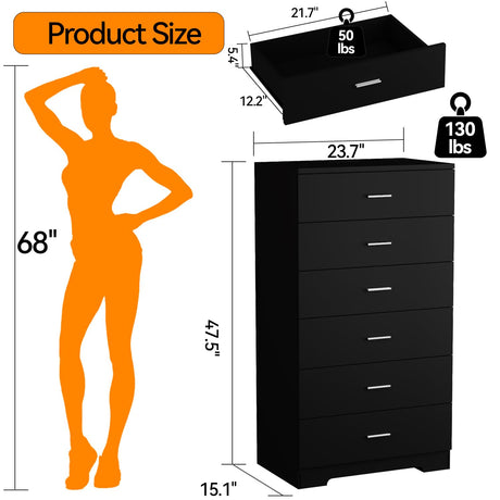 AXCIGOC 48" Tall Dresser for Bedroom Chest of Drawers with Power Outlets Wood 6 Drawers Dresser with Large Storage Space and Metal Handles Modern Closet Storage Drawer for Living Room Hallway Black AXCIGOC