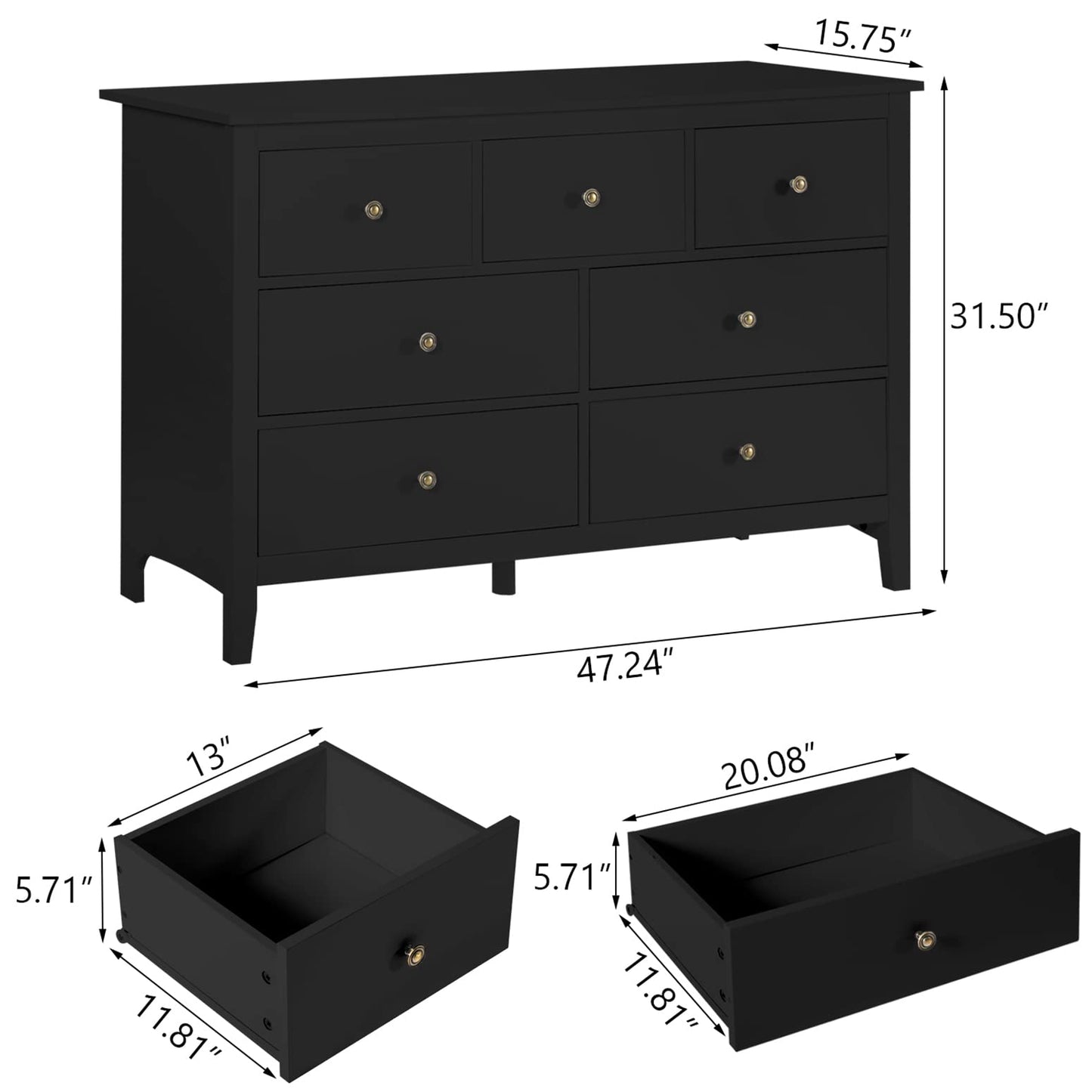 LQFATEST Black Dresser for Bedroom, 7 Drawer Dresser, Wooden Dresser, Wooden Storage Chest of Drawers for Living Room, Hallway, Entryway, Bedroom Furniture