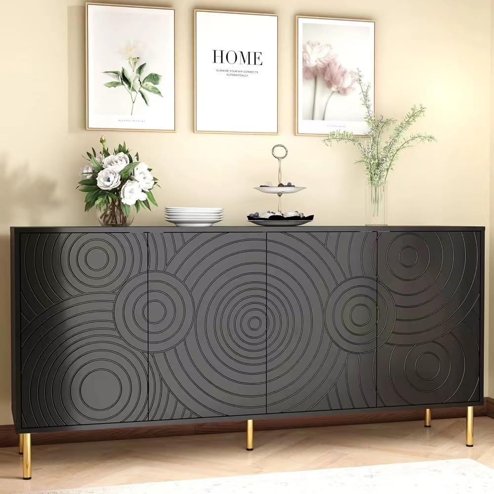 howcool 63'' Wide Sideboard Buffet Cabinet Handle-Free Accent Storage Credenza with 4 Door and Adjustable Shelf, Modern Coffee Bar Server for Kitchen, Living Dining Room, Large, Black - WoodArtSupply