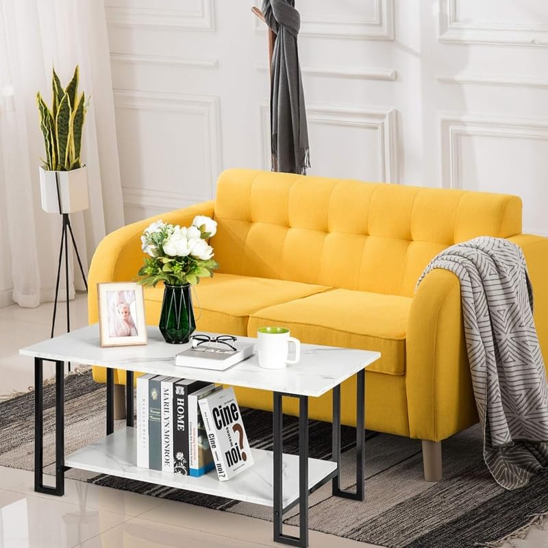 Nicemoods 39.37" Coffee Table, 2 Layers 1.5cm Thick Marble MDF Rectangle Tabletop Iron Coffee Table, Dining Room, Coffee Shop, Restaurant, White Top (White+ Black Leg) Nicemoods