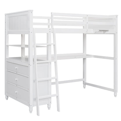 Twin Size Loft Bed with Desk and Storage by Harper & Bright Designs - Solid Wood Frame in White - WoodArtSupply