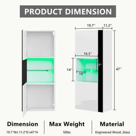 AMERLIFE Wall Storage Cabinets with LED Lights, Modern High Gloss Hanging Cabinets with 4 Closed Doors & Open Glass Shelves, for Living Room/Bedroom/Office, White(Set of 2) AMERLIFE