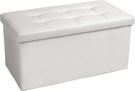 COSYLAND Ottoman Bench with Storage - 30x15x15in Folding Leather Ottoman, Rectangle Foot Stool Foldable Storage Chest Ottoman Footrest Footstool Collapsible with Lid for Bedroom Living Room White COSYLAND
