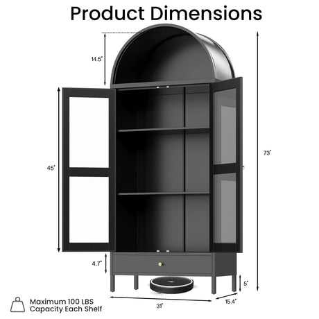 JFHID 73'' Arched Metal Storage Cabinet, Modern Kitchen Pantry with Glass Door, Drawer & Adjustable Shelves, Curio Display Bookcase for Kitchen, Dining or Living Room JFHID