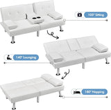 Convertible Folding Futon Sofa Bed with Metal Legs & 2 Cupholders, Modern Fabric Linen Upholstered Couch Loveseat Sleeper, Folding Couches Bed, Removable Armrests for for Small Spaces (White) AnwickNomo
