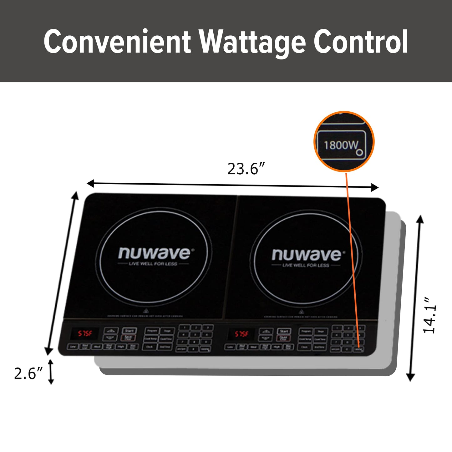 Nuwave Double Induction Cooktop, Powerful 1800W, 2 Large 8” Heating Coils, Independent Controls, 94 Temp Settings from 100°F to 575°F in 5°F Increments, 2 x 11.5” Shatter-Proof Ceramic Glass Surface