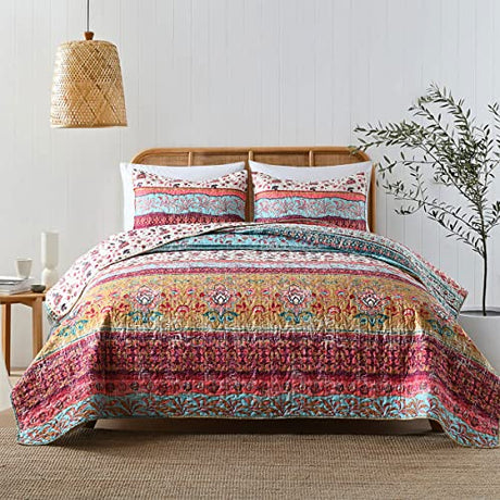 Boho Style Queen Quilt Set Reversible Bohemian Floral Strip Quilt Beddding Set, Soft and Lightweight Bedspread for All Season, Full Size Bed Coverlet with 2 Matching Pillow Shams (3 Pieces) HORIMOTE HOME
