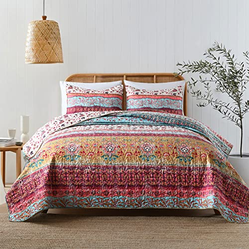 Boho Style King Quilt Set Reversible Bohemian Floral Strip Quilt Beddding Set, Soft and Lightweight Bedspread for All Season, Oversize King Bed Coverlet with 2 Matching Pillow Shams (3 Pieces) HORIMOTE HOME