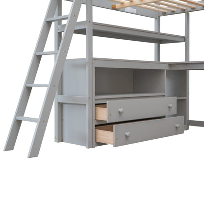 Harper & Bright Designs Grey Full Size Loft Bed with Desk, Storage Drawers, and Shelves - WoodArtSupply