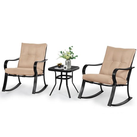 SOLAURA 3-Piece Outdoor Rocking Chairs Bistro Set, Black Iron Patio Furniture with Brown Thickened Cushion & Glass-Top Coffee Table SOLAURA