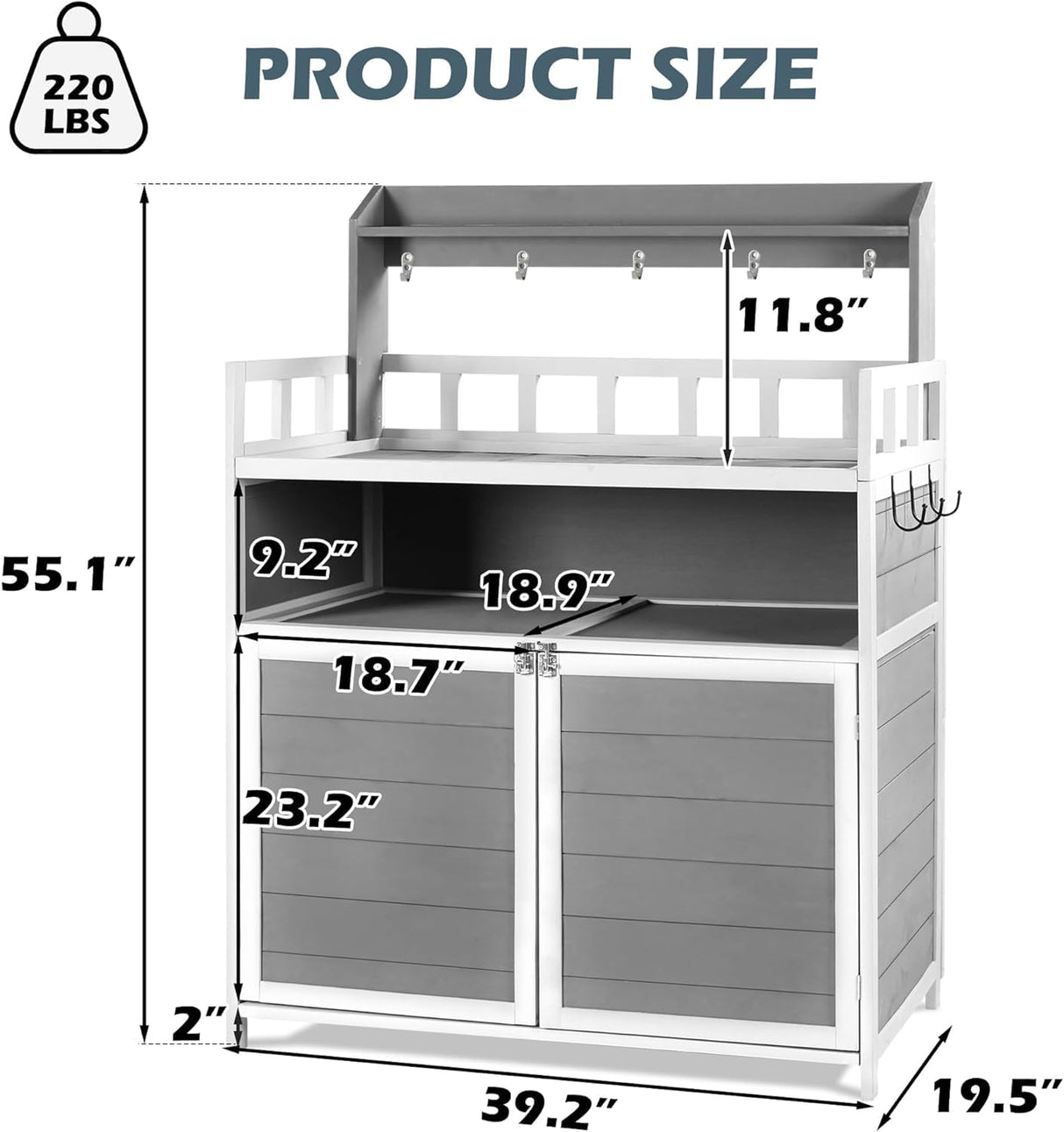 GRAVFORCE Outdoor Potting Bench Table, Garden Potting Benches for Outside Planting Work Bench Table Wooden Storage Plant Table Cabinet Gardening Table for Patio, Garden, Greenhouse, Backyard (Gray) GRAVFORCE