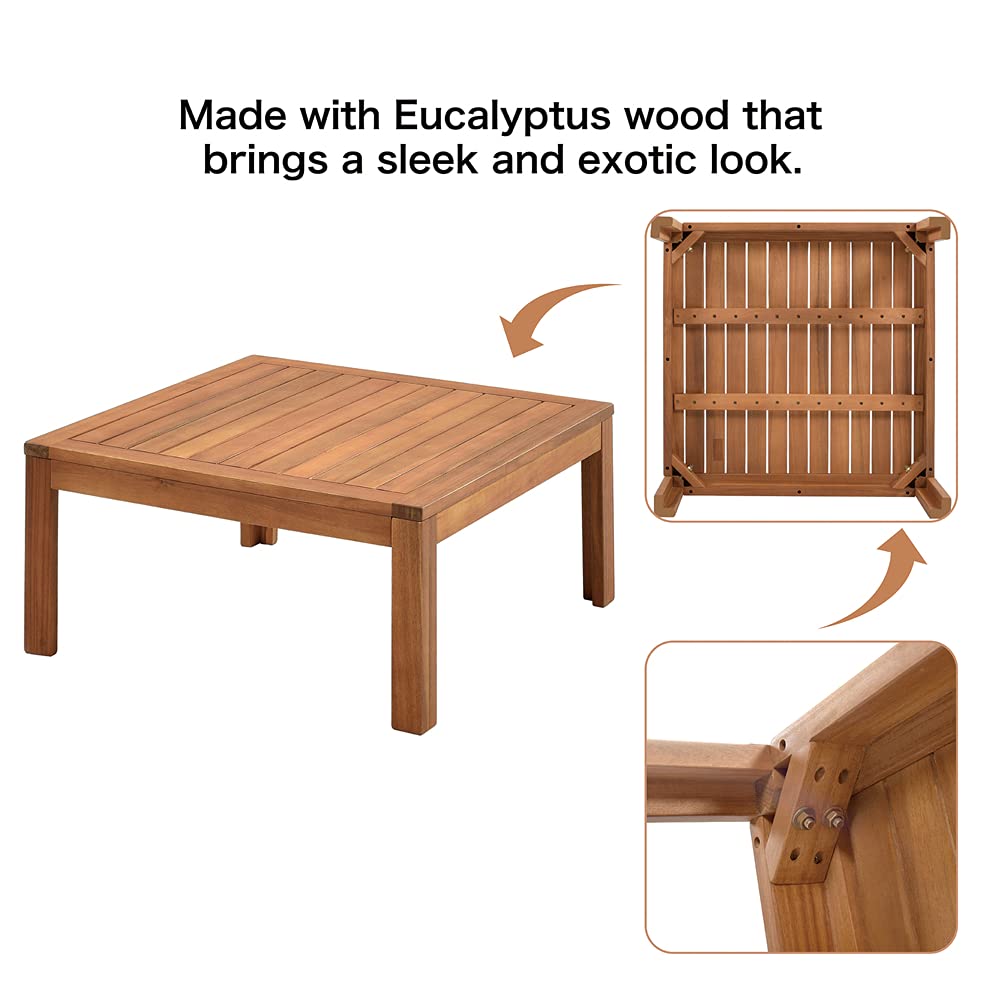 YSWH Exotic Design 4 Pieces Outdoor Patio Furniture Sectional Sofa Sets with Cushions, Eucalyptus Wood Frame with Slatted Tabletop Tea Table and Backrest, Natural Frame + Beige Cushions YSWH