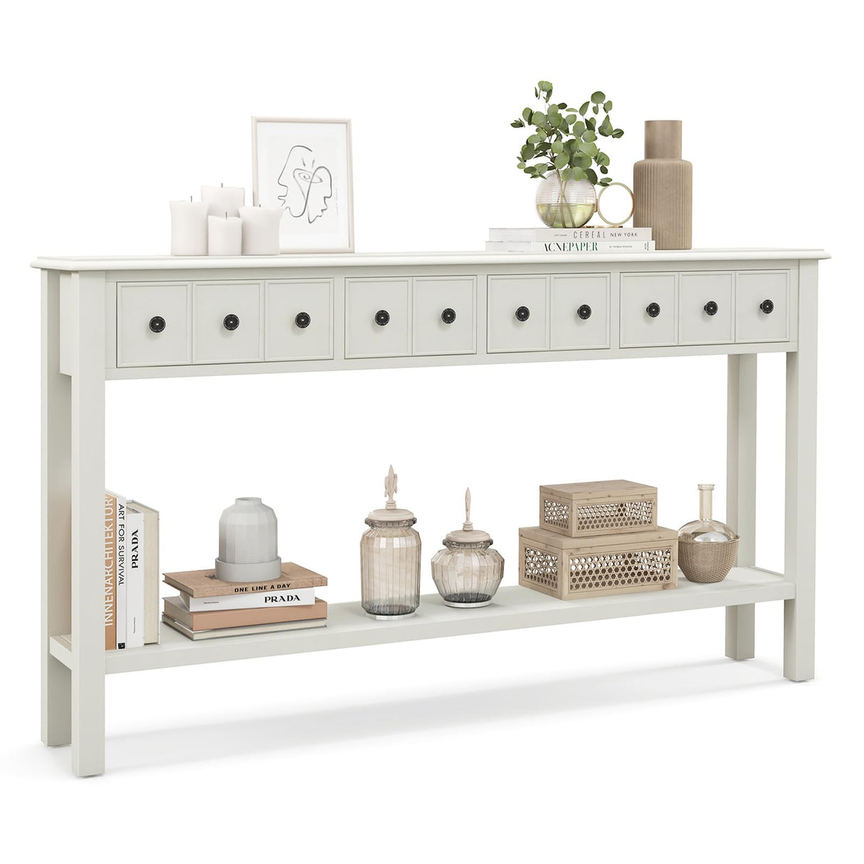 Giantex Narrow Console Table with Storage - 60" Long Sofa Side Table w/ 4 Drawers & Open Shelf, Solid Wood Legs, Rectangular Entry Table, Retro Entryway Table for Living Room Hallway, Foyer (White) Giantex