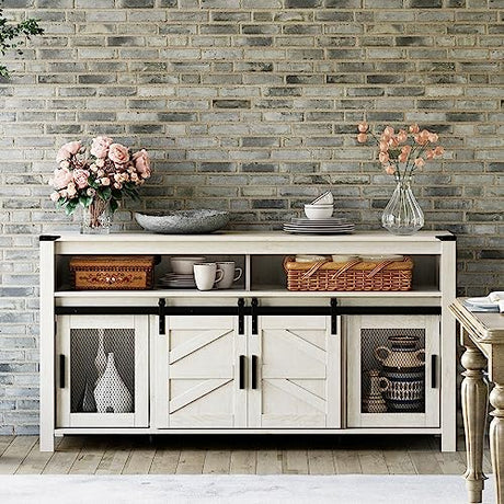 WAMPAT Rustic White Farmhouse Coffee Bar Cabinet with Sliding Barn Doors and Adjustable Storage WAMPAT