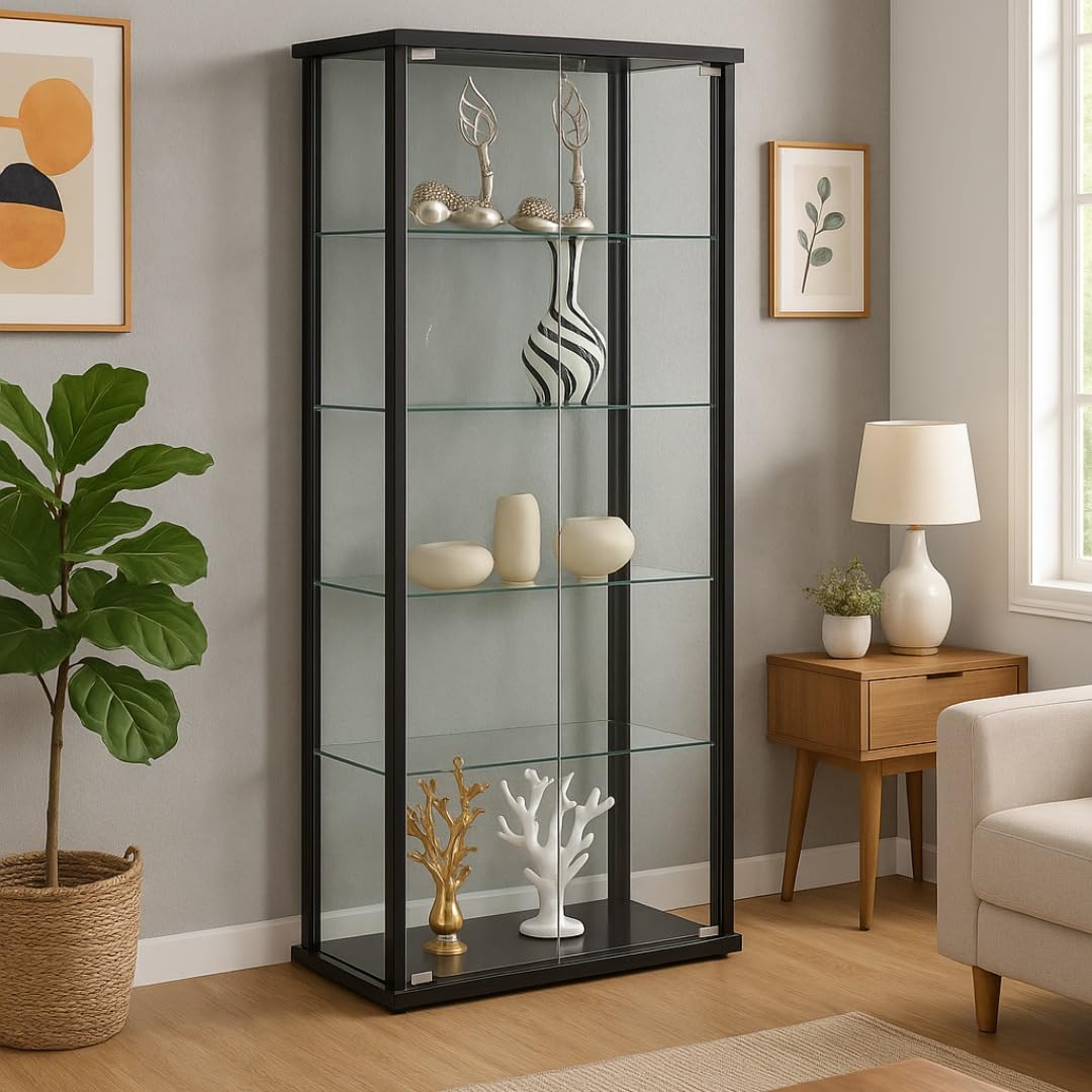 Glass Display Case - Modern Curio Cabinets with Glass Doors & Five Shelves, 64.25'' Tall, Black Frame, Curio Display Cabinet for Collectibles, Living Room, Dining Room, or Office CARTESIAN