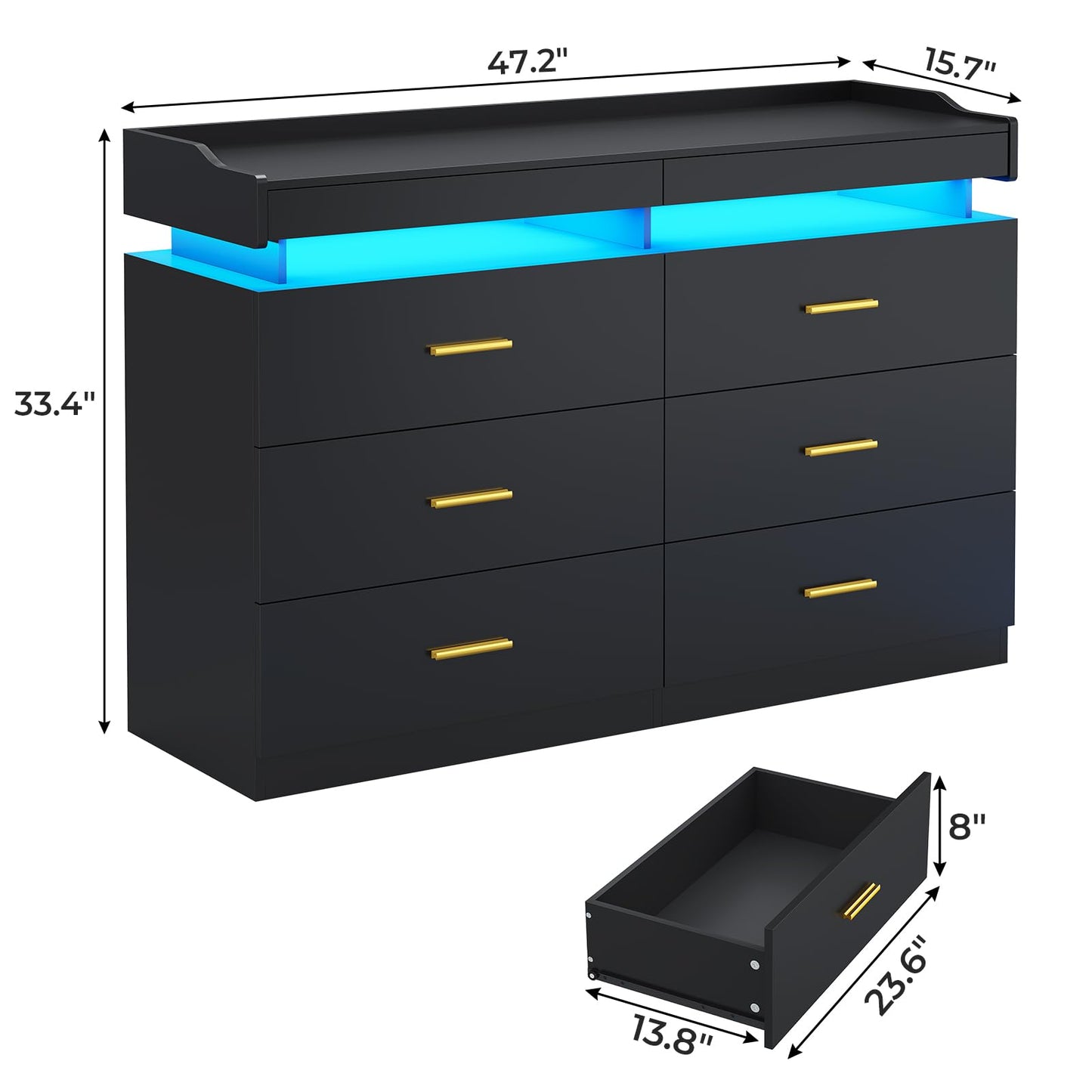 HAUOMS 6 Drawer Dresser with LED Lights,Dresser Chest of Drawers with 2 Pull-out Tray, Modern Double Wide Drawer Dresser Organizer Cabinet for Bedroom,Living Room,Entryway,Black - WoodArtSupply