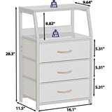 Furnulem White Nightstand with 3 Drawers and 2-Tier Shelf, Small Night Stand End Table Side Furniture, Fabric Storage Organizer for Bedroom, Closet, Hallway, Nursery, Sturdy Steel Frame, Wood Top Furnulem