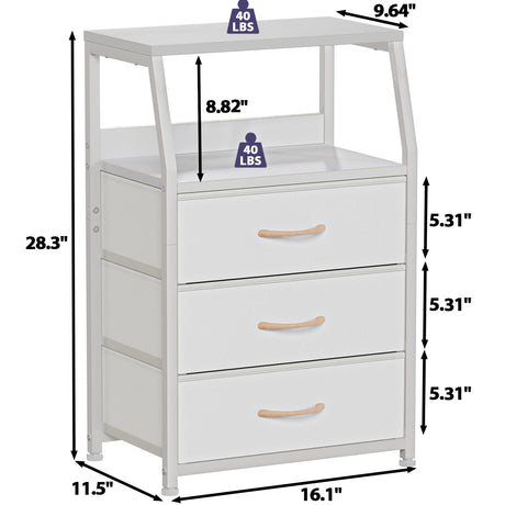 Furnulem White Nightstand with 3 Drawers and 2-Tier Shelf, Small Night Stand End Table Side Furniture, Fabric Storage Organizer for Bedroom, Closet, Hallway, Nursery, Sturdy Steel Frame, Wood Top Furnulem