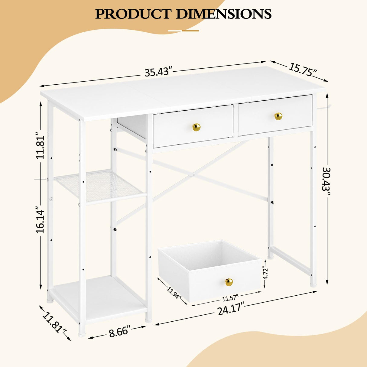3IngSeagulls White Vanity Desk Without Mirror for Bedroom, Makeup Desk with 2 Fabric Drawers, Vanity Desk with Iron Hook, 36 Inches Vanity with Storage, White 3IngSeagulls