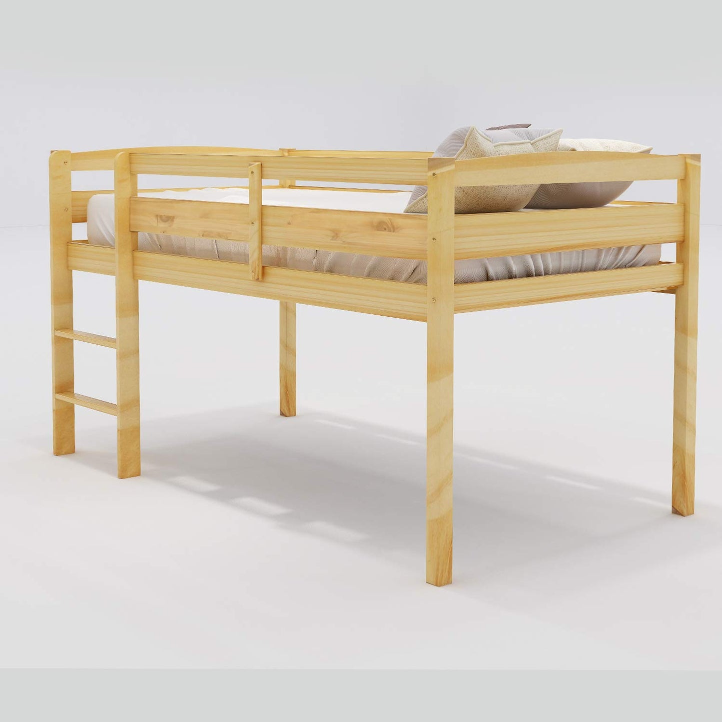 Harper & Bright Designs Twin Size Low Loft Bed with Ladder and Safety Guardrails in Natural Wood - WoodArtSupply