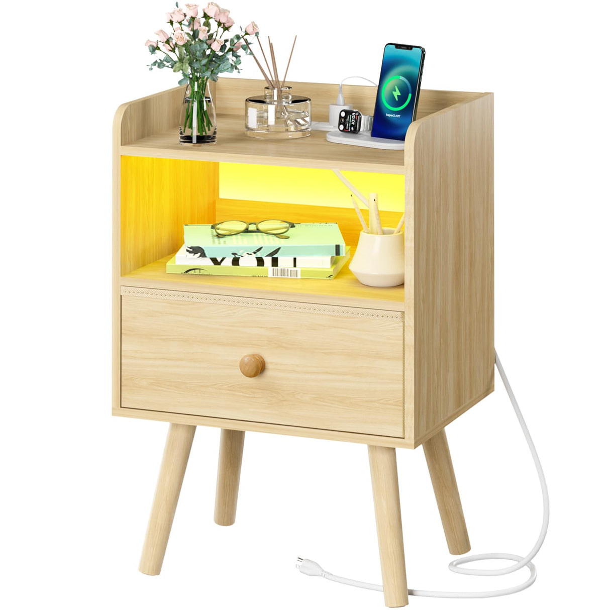 Yoobure Nightstand with Charging Station, Modern Night Stand with LED Lights, Wood Nightstands with Fabric Drawer & Storage Shelf, Night Stands Bedside Table with USB Ports for Bedroom, Office, Home Yoobure
