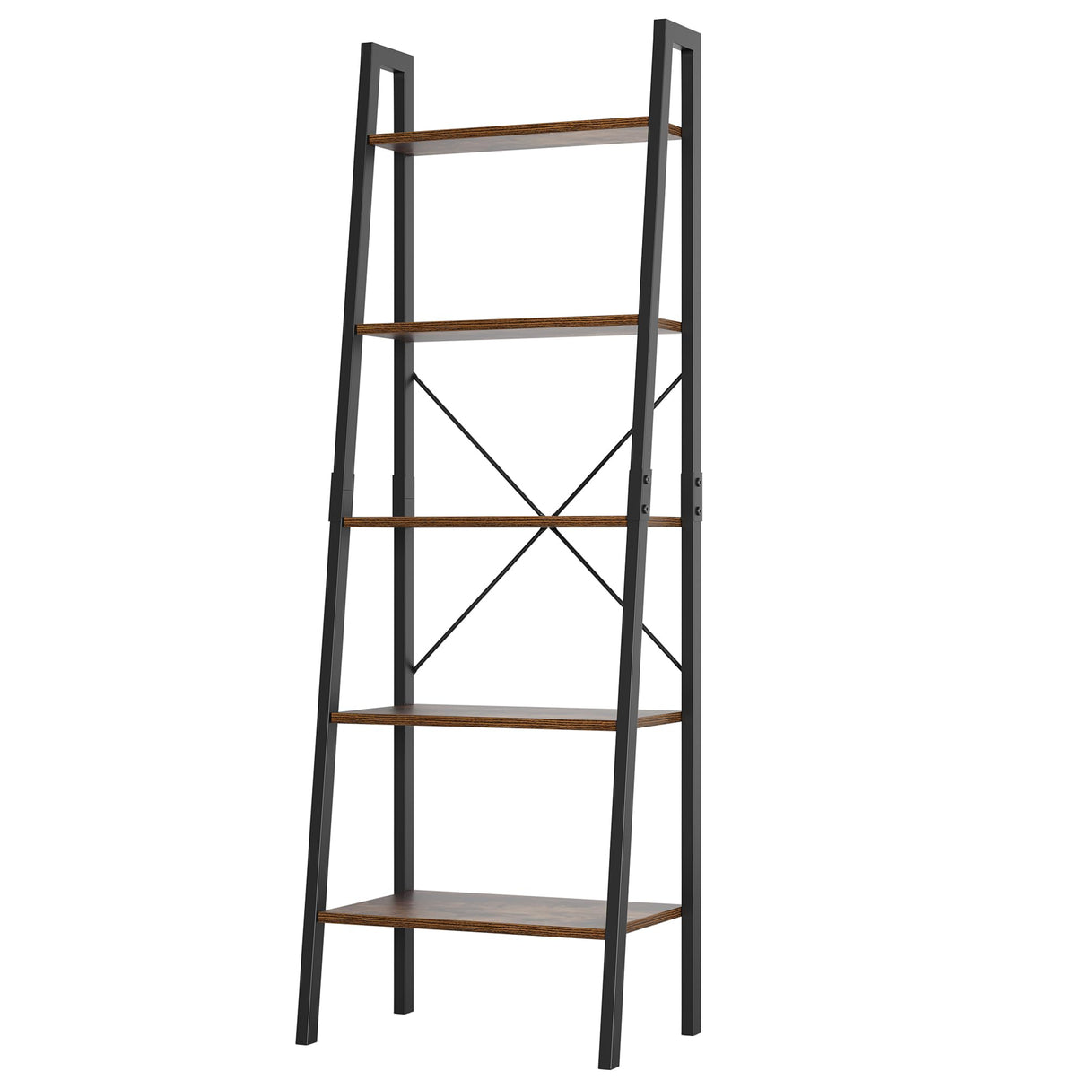 FINETONES 5-Tier Ladder Shelf, Ladder Bookshelf Bookcase with Metal Frame, Plant Rack Display Shelf Accent Furniture for Home Office, Black/Rustic Brown FINETONES