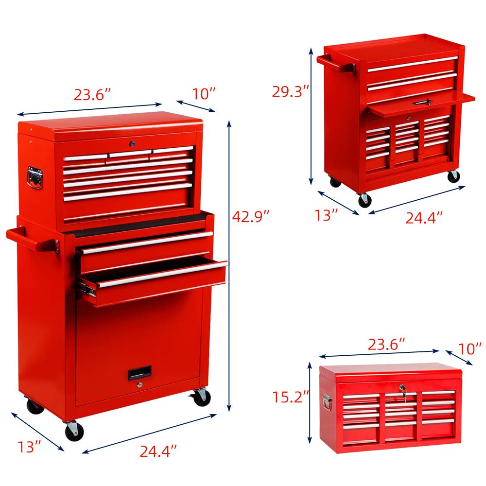 JD Trading 8-Drawer Rolling Tool Chest 2 in 1 High Capacity Tool Box Detachable Organizer Tool Storage Cabinet with 4 Wheels & Lockable Lined Drawers for Garage Warehouse Workshop (Red) JD Trading
