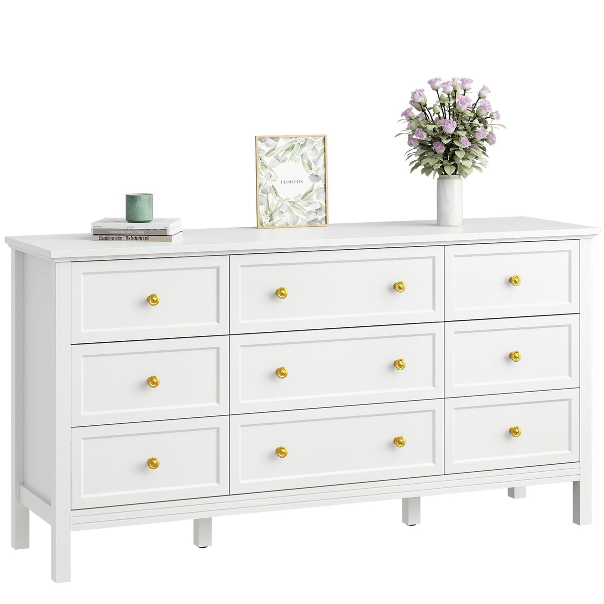 CARPETNAL 9 Drawer White Dresser for Bedroom with Deep Drawers, Large Dressers & Chest of Drawers With Gold Handle, Modern Long Dressers for Closet Bedroom, Living Room (59.25" W x 15.75" D x 30.9" H) CARPETNAL