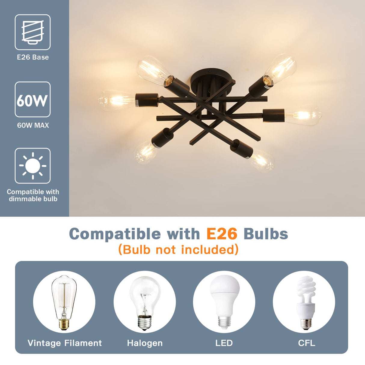 ASGYISA Semi Flush Mount Modern Ceiling Light Fixture， 6 Lights Black Vintage Matte Sputnik Chandelier Ceiling Lamp with E26 Bulb Base for Farmhouse Dining Room Living Room Bedroom Study Kitchen ASGYISA