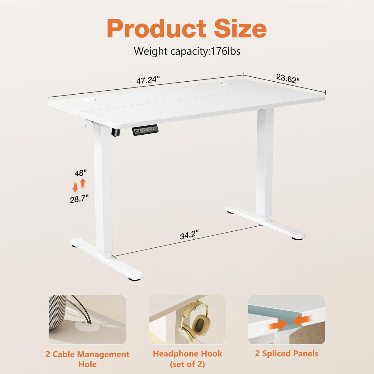 Sweetcrispy Electric Standing Desk Adjustable Height, 48x24 Inch Sit Stand Up Home Office Desks Computer Workstation PC Work Table with 3 Memory Preset Splice Wood Board Metal Frame, White Sweetcrispy