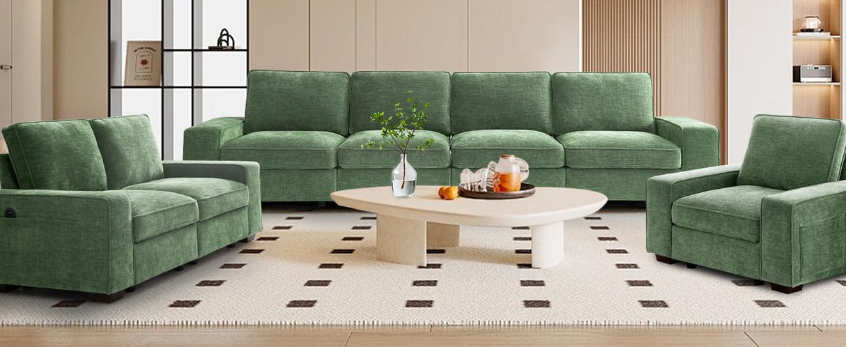 TEKAMON 100" Modular Sofa with Seats Storage, Comfy 3-Seater Chenille Fabric Couch for Living Room, Office, Apart W/Deep Seat, USB Charging, Upholstered Couch with Removable Cover(Green) TEKAMON