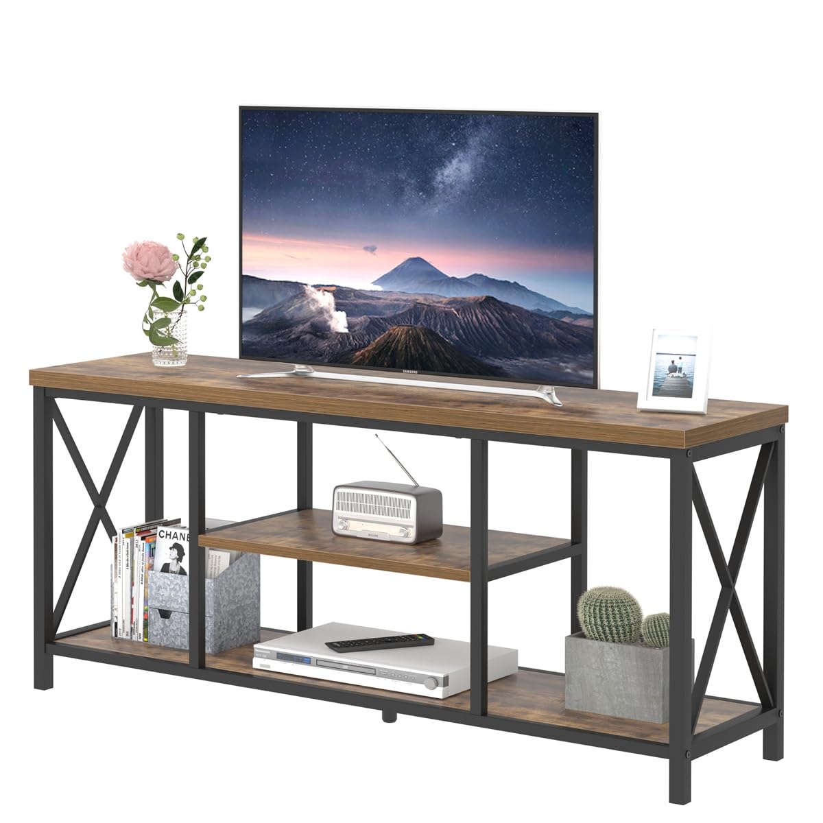 EXCEFUR 55 Inch TV Stand for Televisions up to 65 Inch, Modern Entertainment Center with Storage Shelves, Industrial Media TV Console for Living Room, Bedroom, Rustic Brown EXCEFUR