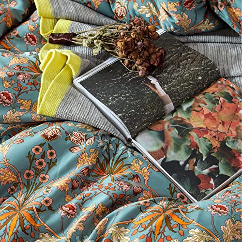 mixinni Vintage Style Garden Flower Queen Duvet Cover with Zipper Closure Soft Long Staple Percale Cotton Vibrant Pattern on Flower Bedding Quilt Cover Set(Queen, All Season) mixinni