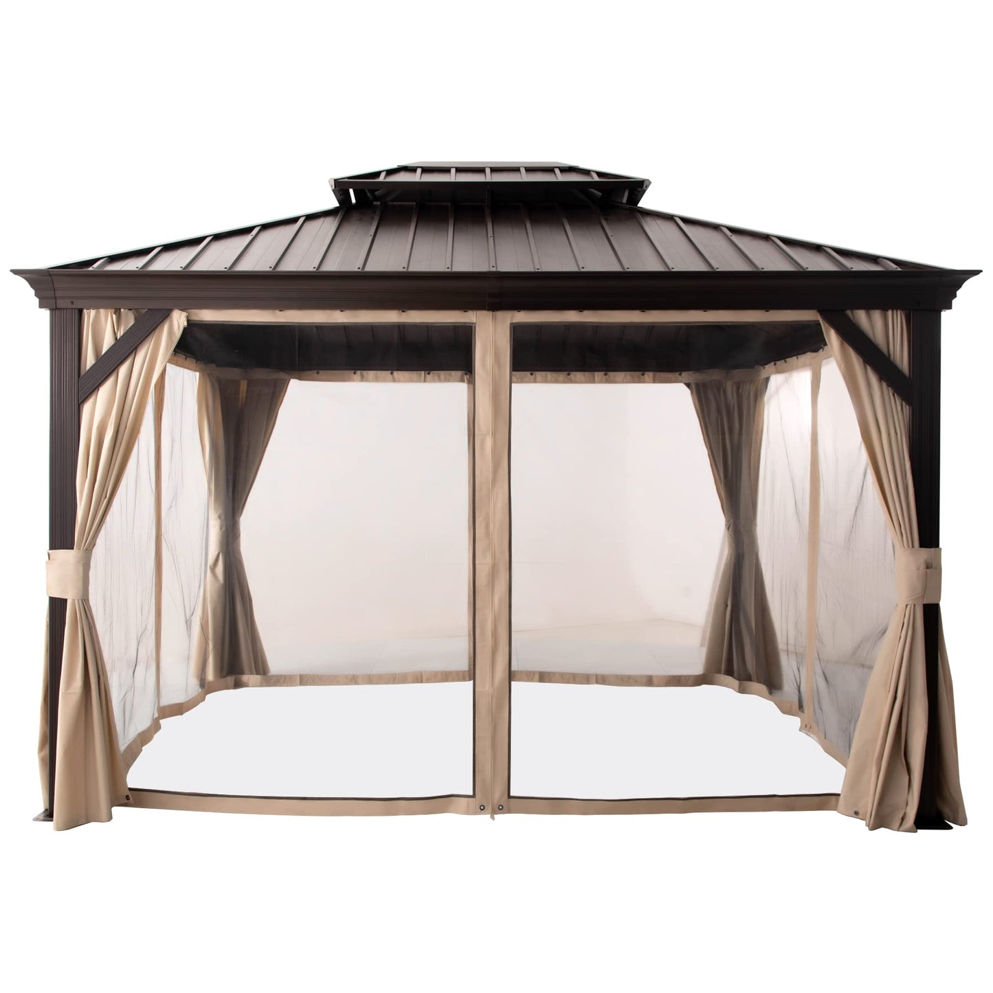 LAUSAINT HOME 10x12 ft Metal Gazebo with Nettings and Curtains for Patios, Waterproof Permanent Heavy Duty Double Hard Roofs Gazebos with Brown Aluminum Frame for Lawn, Party