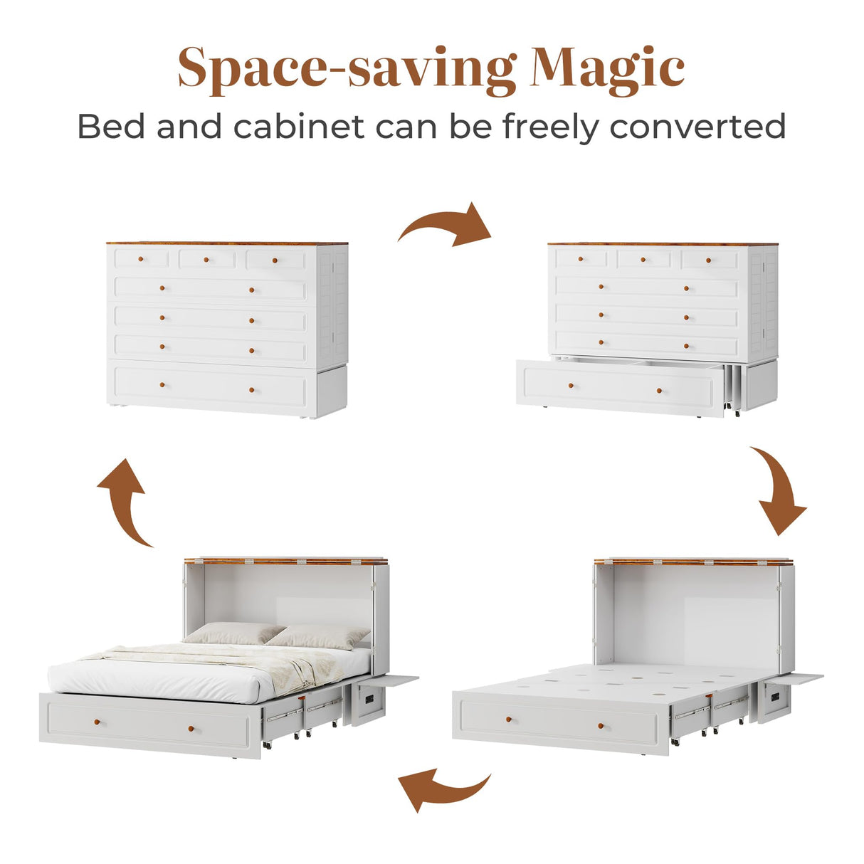 Tafeumob Murphy Bed Queen Size: Murphy Bed Cabinet with Drawer Space-Saving with Shelves&Charging Station for Bedroom, Multipurpose Area, Guest Room, Apartment White (Mattress not Included) Tafeumob