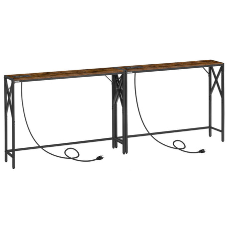MAHANCRIS 2 Pack Narrow Sofa Table with Charging Station, 39.4" L x 5.9" W x 29" H, Skinny Console Table, Long Entryway Table, Hallway Table, Couch Table with Power Outlets, Rustic Brown CTHR151E01S2 MAHANCRIS