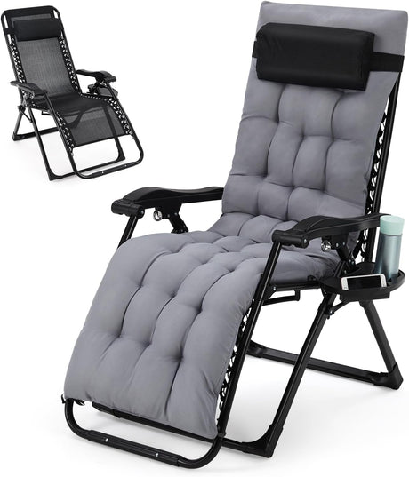 Garvee Lounge Chair Supports Indoor/Outdoor Adjustable Folding Recliner with 29 Inch Seat, Removable Cup Holder & Headrest Grey Garvee