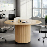 Tribesigns 47" Round Conference Table for 4, Farmhouse Wooden Meeting Room Table with Sturdy Fluted Metal Base, Modern Office Training Desk for Office, Conference Room Tribesigns