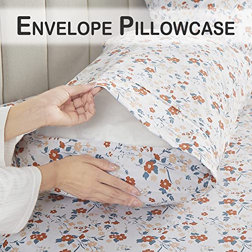 Softan Floral Twin Size Sheet Set, Orange Flower Printed Bed Sheets for Girls, 3-Piece Microfiber Single Fitted Sheet with 15" Deep Pocket & Non-Slip Straps, Patterned Bedding Sheets & Pillowcase Set Softan